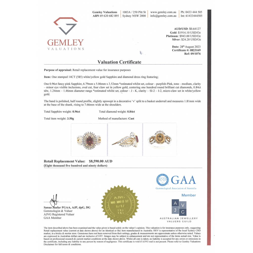 0.96ct White/Yellow Gold Pink Sapphire and Diamond Double Halo Ring