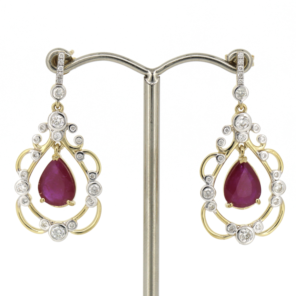 Yellow Gold/Rhodium Ruby & Diamond Drop Earrings