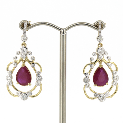 Yellow Gold/Rhodium Ruby & Diamond Drop Earrings