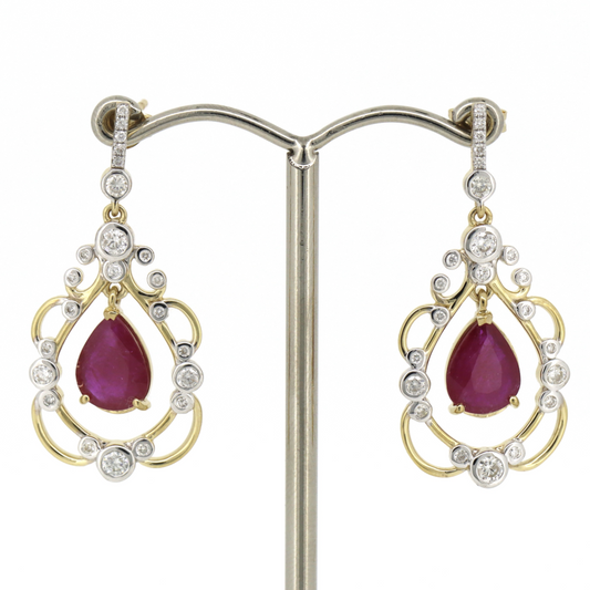Yellow Gold/Rhodium Ruby & Diamond Drop Earrings