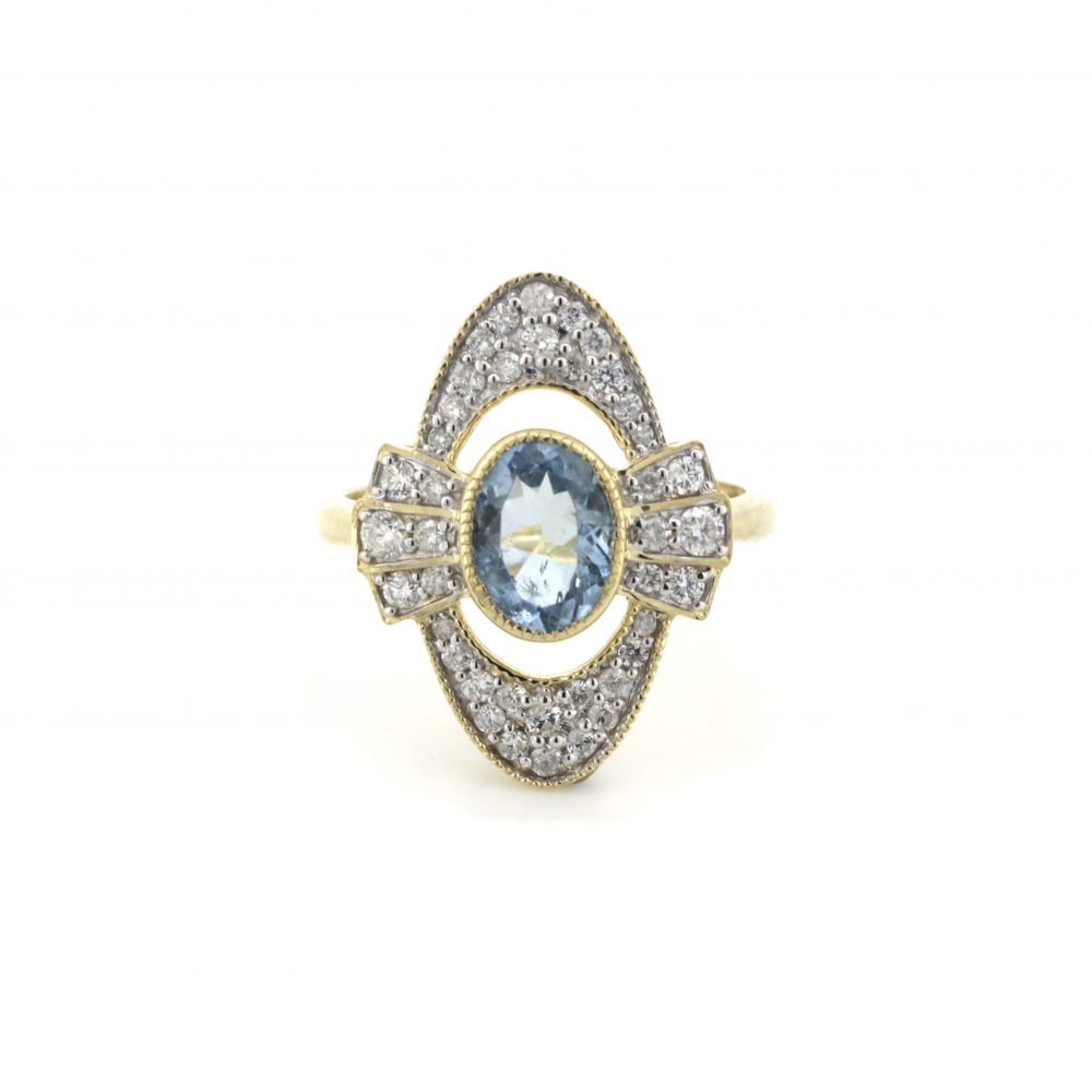 1.26ct Yellow Gold Aquamarine and Diamond Art Deco Inspired Ring