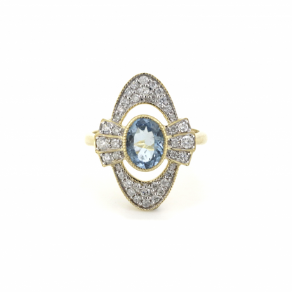 1.26ct Yellow Gold Aquamarine and Diamond Art Deco Inspired Ring