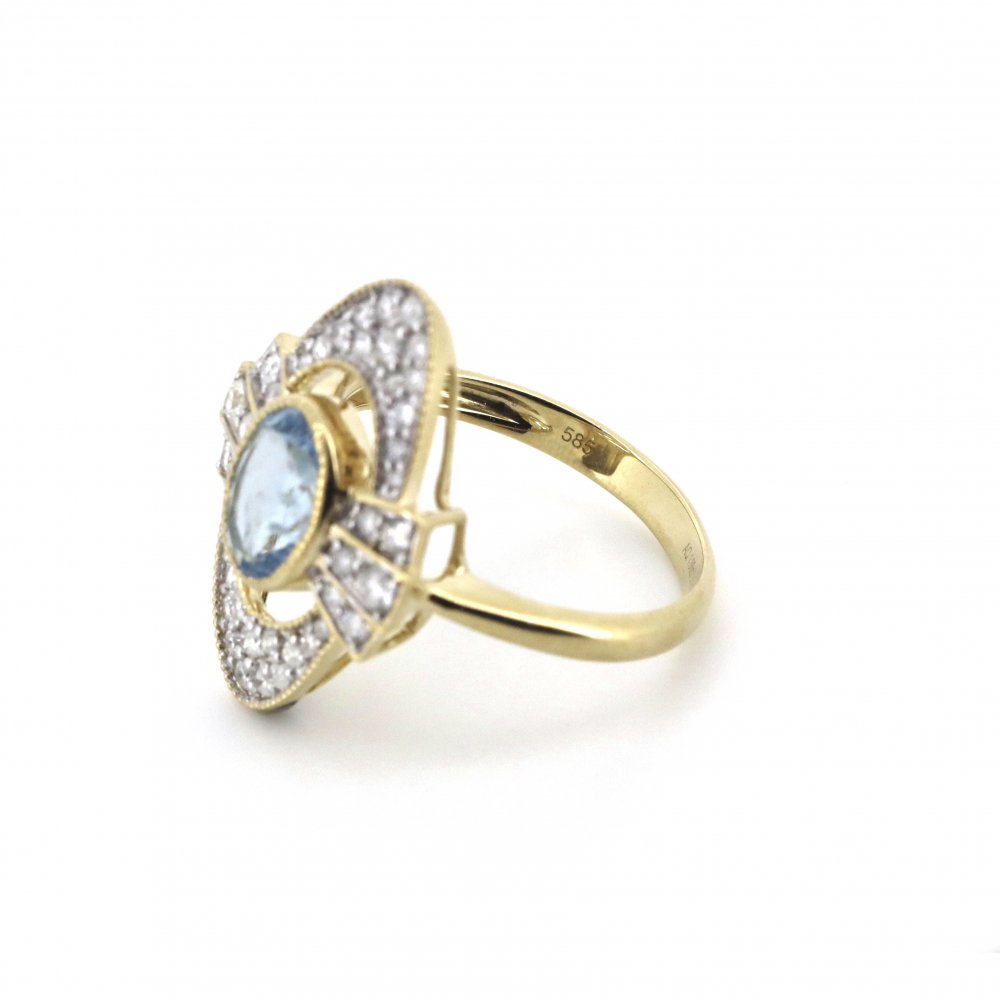 1.26ct Yellow Gold Aquamarine and Diamond Art Deco Inspired Ring