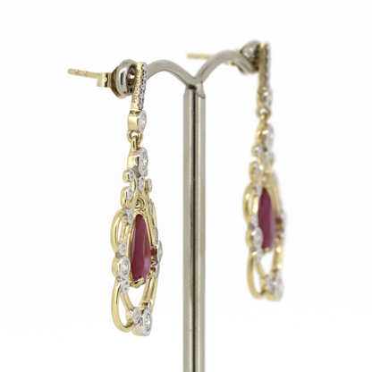 Yellow Gold/Rhodium Ruby & Diamond Drop Earrings