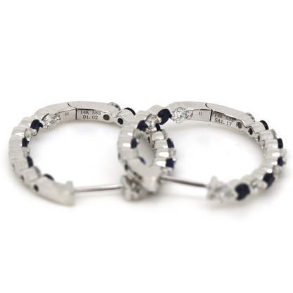 White Gold Blue Sapphire and Diamond Hoop Earrings