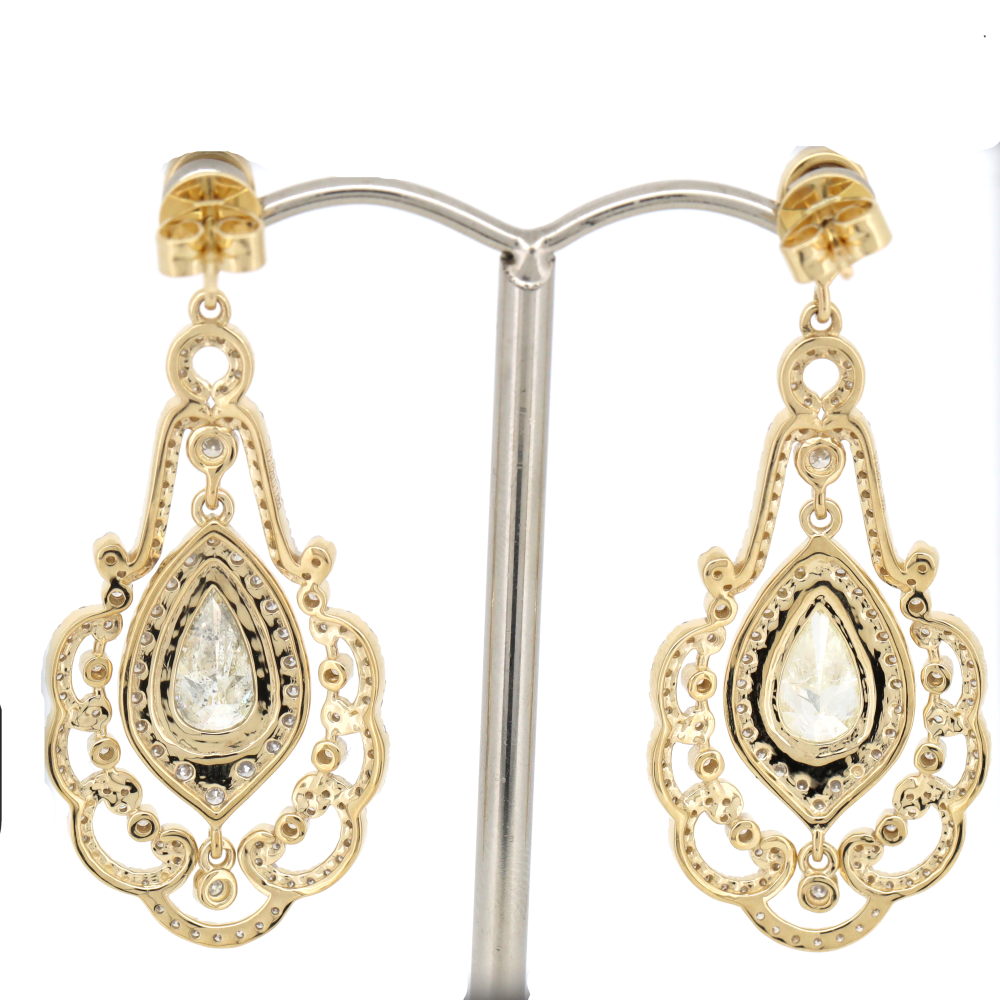 2.02ct Pear cut Yellow Gold Diamond Antique-Style Earrings