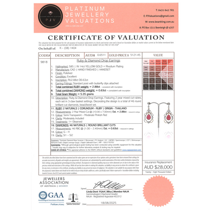 Yellow Gold/Rhodium Ruby & Diamond Drop Earrings