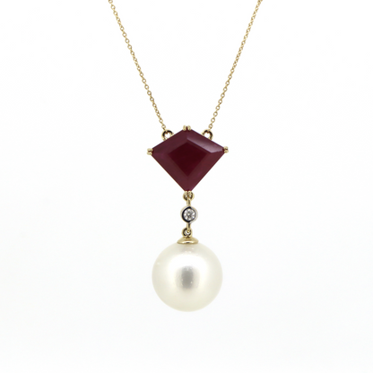 Yellow Gold, White Cultured South Sea Pearl, Ruby and Diamond, Necklace