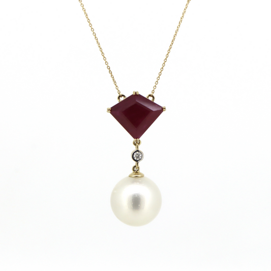 Yellow Gold, White Cultured South Sea Pearl, Ruby and Diamond, Necklace