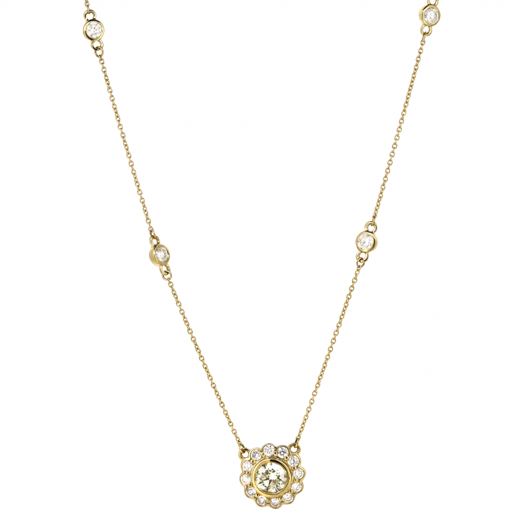 Yellow Gold and Diamond Halo Pendant Necklace