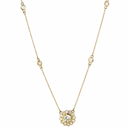 Yellow Gold and Diamond Halo Pendant Necklace