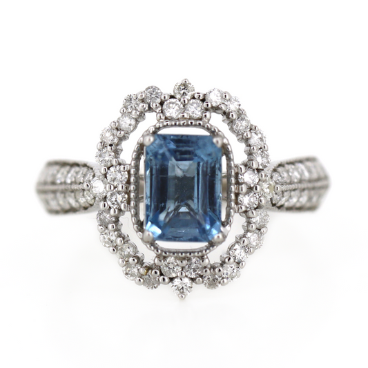 White Gold Santa Maria Aquamarine and Diamond Antique Inspired Ring