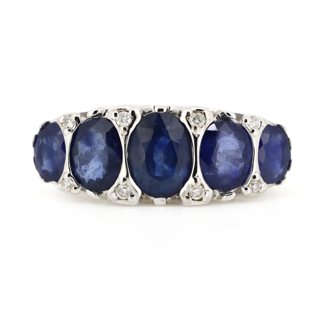 White Gold Oval cut Blue Sapphire and Diamond Decorative Band Ring