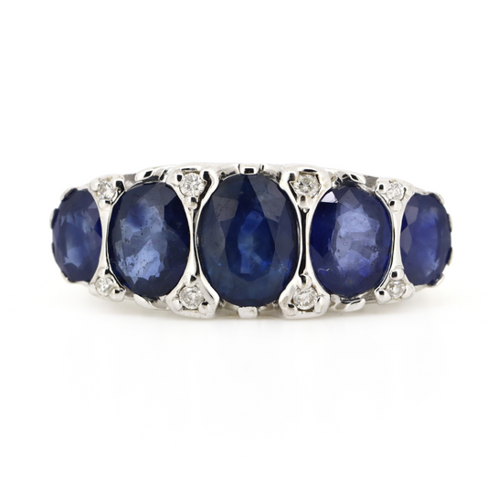 White Gold Oval cut Blue Sapphire and Diamond Decorative Band Ring
