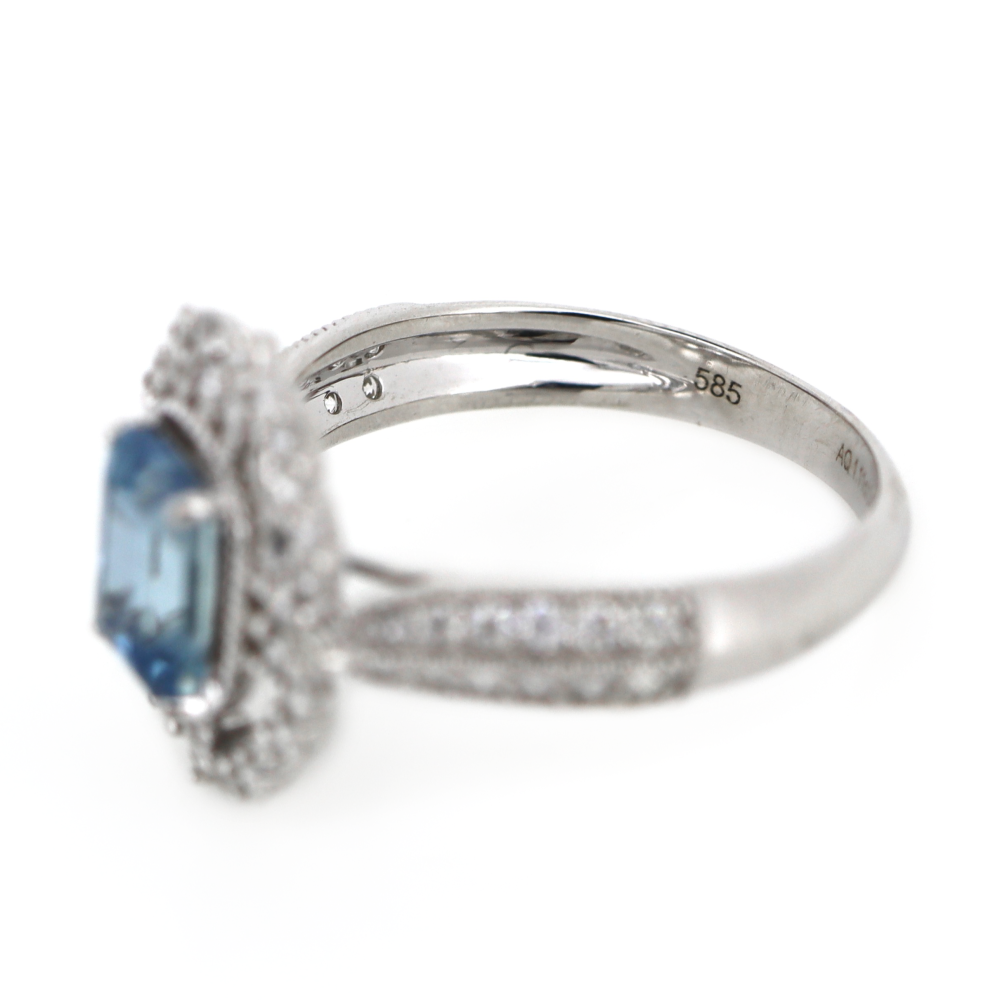 White Gold Santa Maria Aquamarine and Diamond Antique Inspired Ring