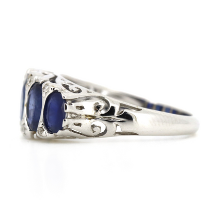 White Gold Oval cut Blue Sapphire and Diamond Decorative Band Ring