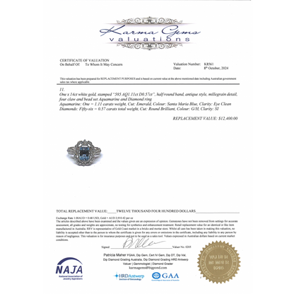 White Gold Santa Maria Aquamarine and Diamond Antique Inspired Ring