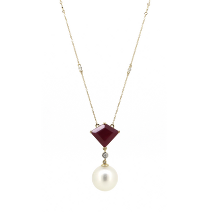 Yellow Gold, White Cultured South Sea Pearl, Ruby and Diamond, Necklace