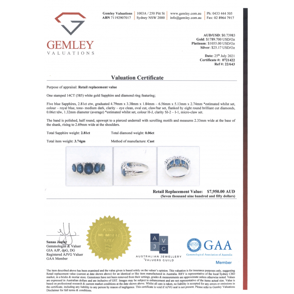 White Gold Oval cut Blue Sapphire and Diamond Decorative Band Ring