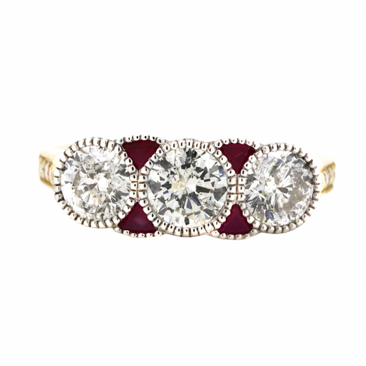 White and Yellow Gold Diamond and Ruby Trilogy Ring