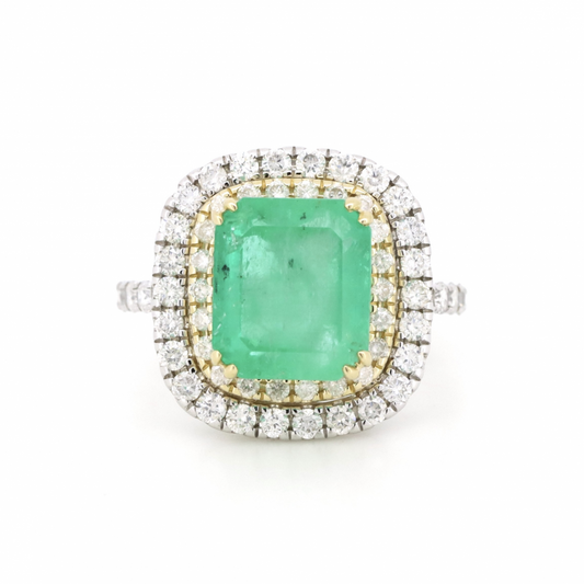 White/Yellow Gold, Colombian Emerald and Diamond Double Halo Ring