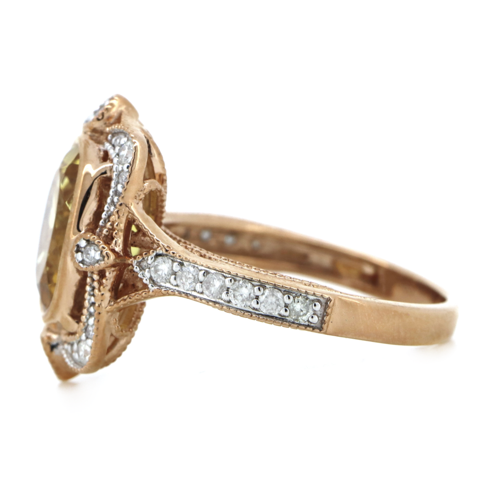 2.36ct Rose Gold Heliodor and Diamond Antique Inspired Ring