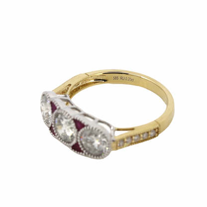 White and Yellow Gold Diamond and Ruby Trilogy Ring