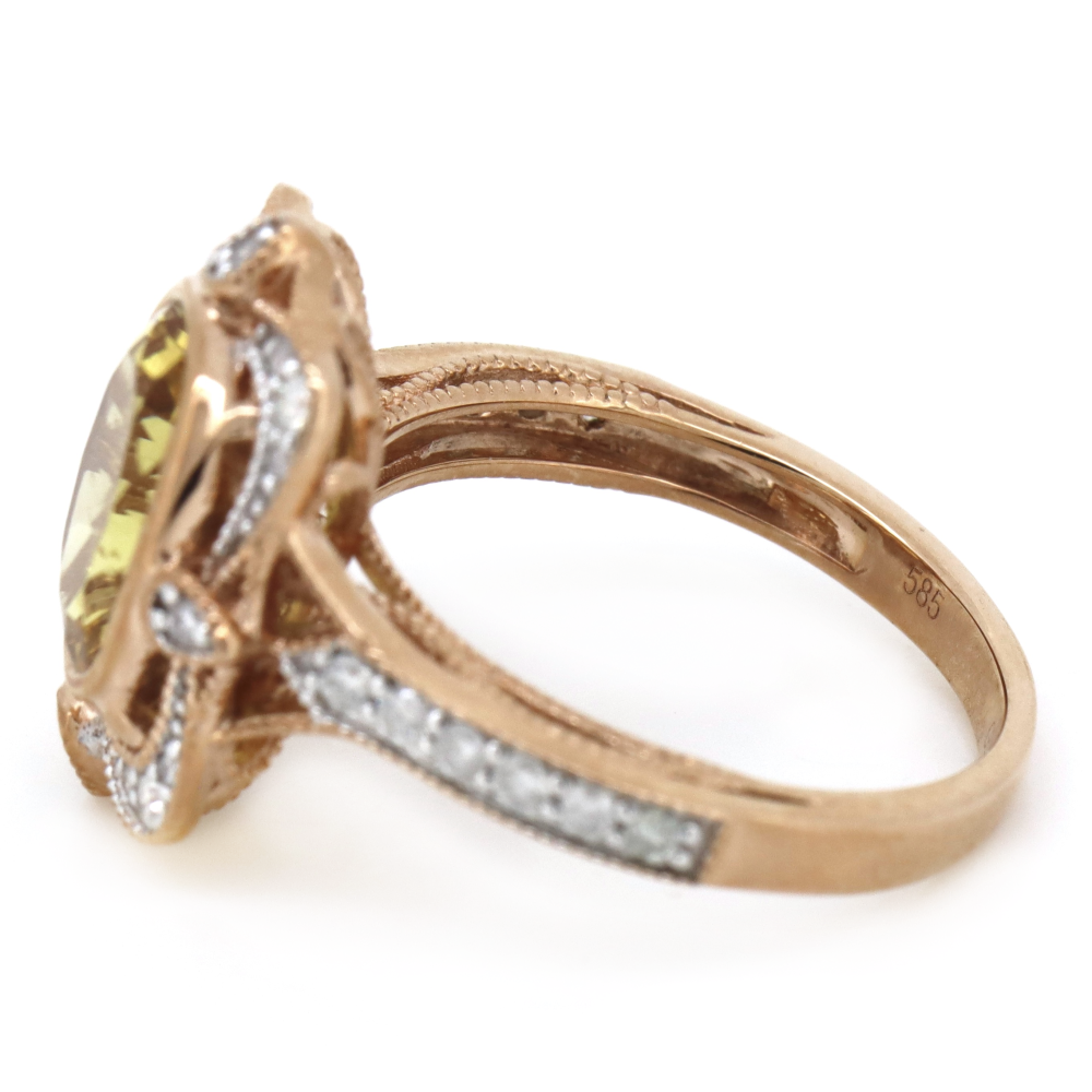 2.36ct Rose Gold Heliodor and Diamond Antique Inspired Ring