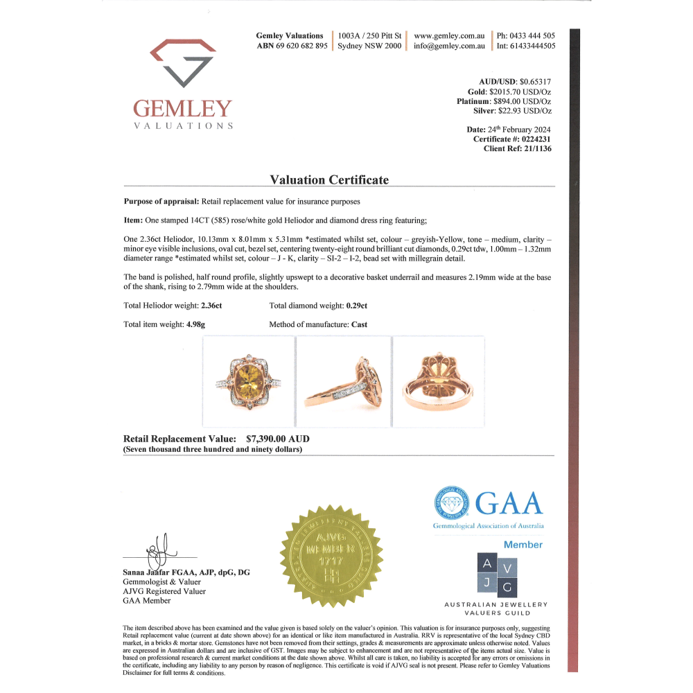 2.36ct Rose Gold Heliodor and Diamond Antique Inspired Ring