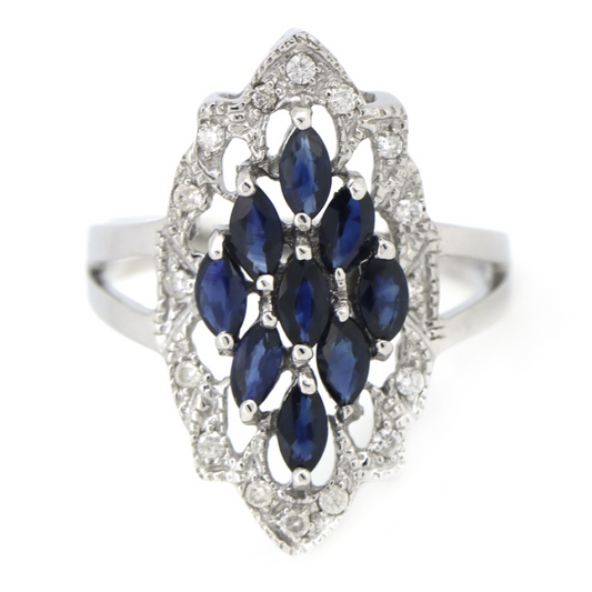 White Gold Blue Sapphire and Diamond Art Deco Inspired Ring