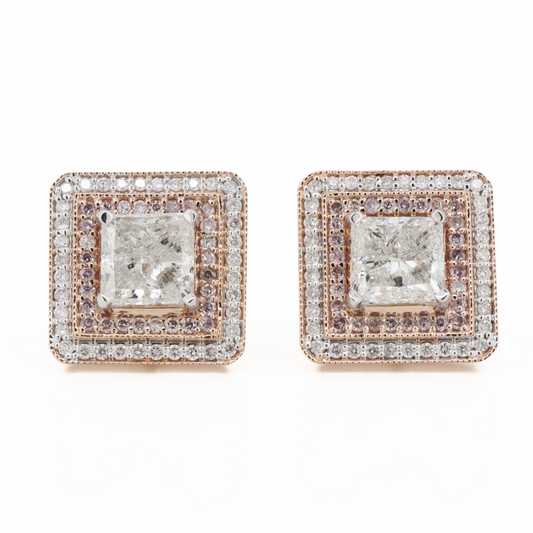 Rose Gold, Diamond and Fancy Pink Diamond, Halo Earrings