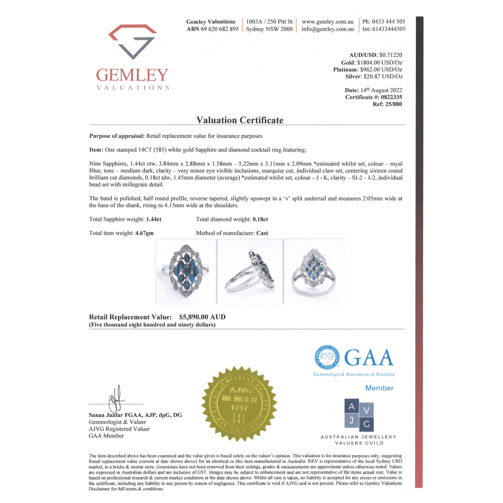 White Gold Blue Sapphire and Diamond Art Deco Inspired Ring