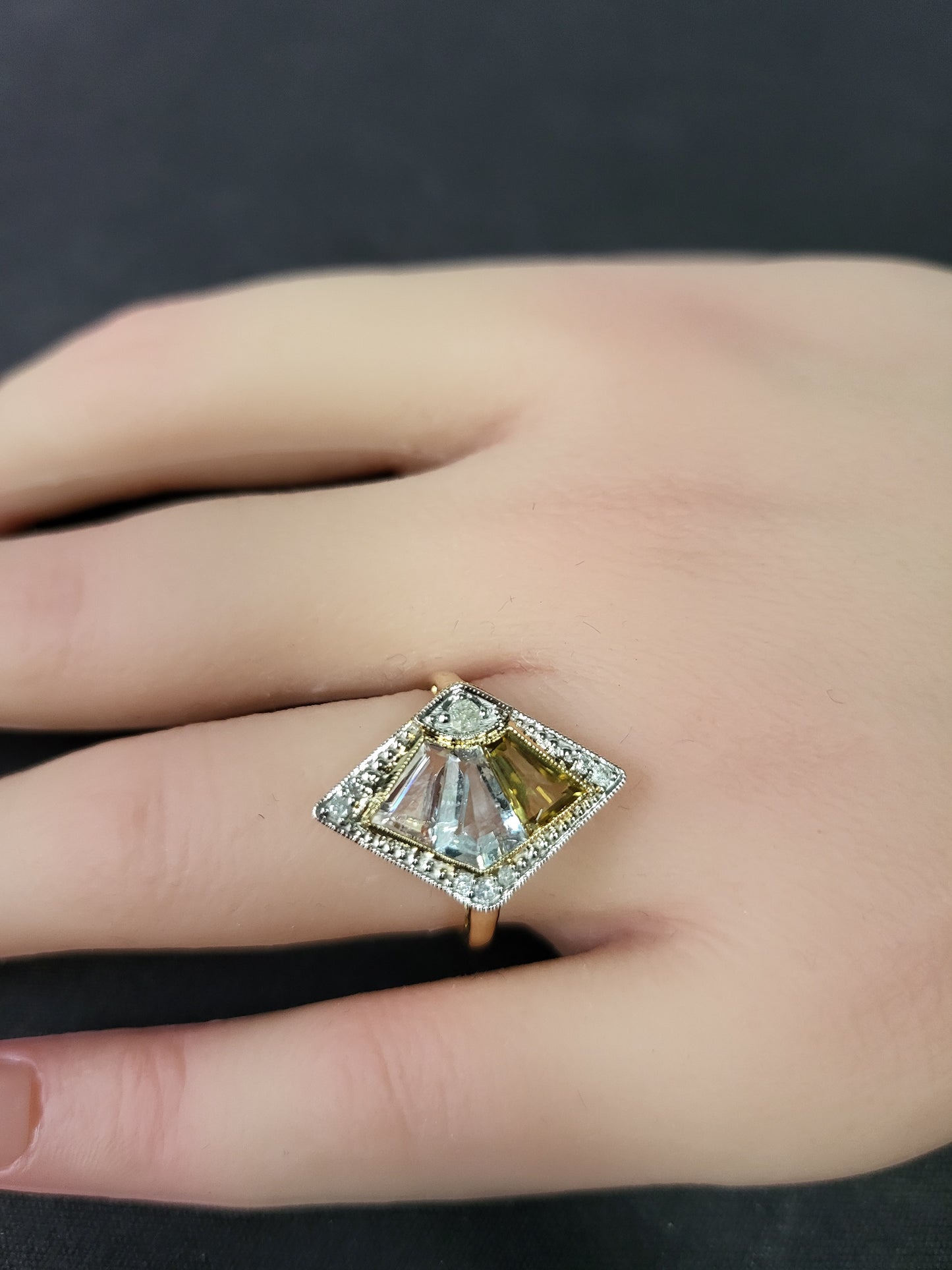 Fancy Cut Citrine, Aquamarine, Morganite and Diamond Ring