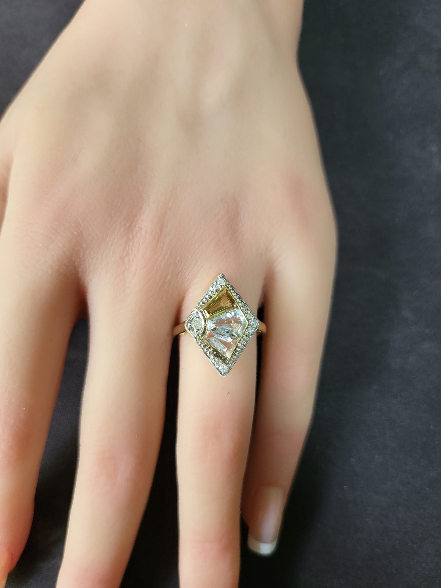 Fancy Cut Citrine, Aquamarine, Morganite and Diamond Ring