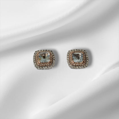 White and Rose Gold Aquamarine and Diamond Halo Stud Earrings