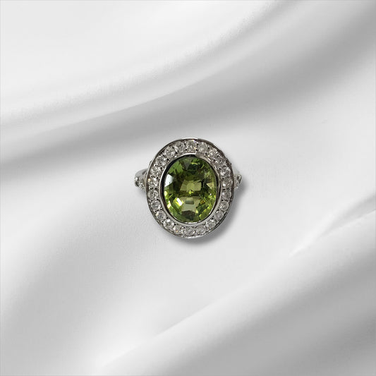 Green Tourmaline and Diamond Halo Ring