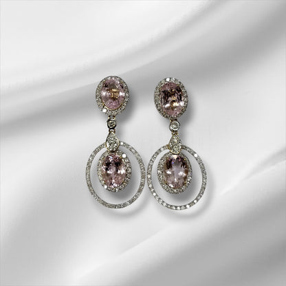 Morganite and Diamond Double Halo Drop Earrings