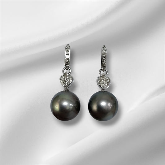 Tahitian Black Pearl and Diamond Art Deco Style Drop Earrings