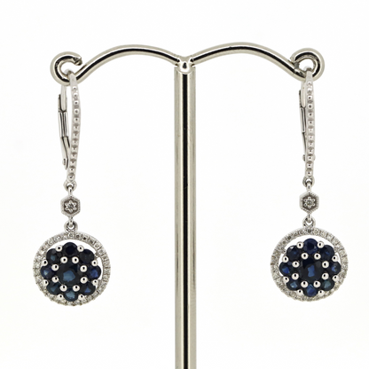 White Gold Blue Sapphire and Diamond Antique Style Drop Earrings