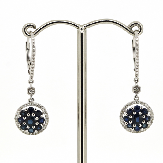 White Gold Blue Sapphire and Diamond Antique Style Drop Earrings
