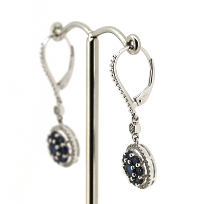 White Gold Blue Sapphire and Diamond Antique Style Drop Earrings