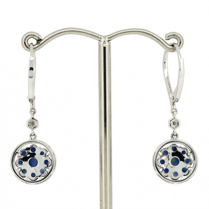 White Gold Blue Sapphire and Diamond Antique Style Drop Earrings
