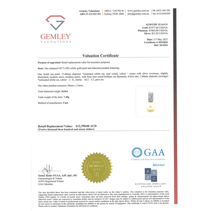 White Gold Cream Cultured South Sea Pearl and Diamond Pendant