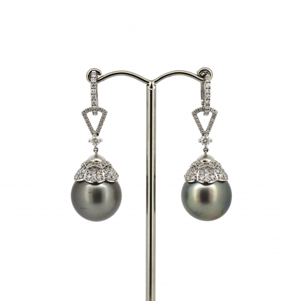 Black Cultured Tahitian Pearl and Diamond Drop Earrings