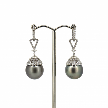 Black Cultured Tahitian Pearl and Diamond Drop Earrings