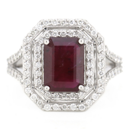 White Gold Ruby & Diamond Double Halo Ring