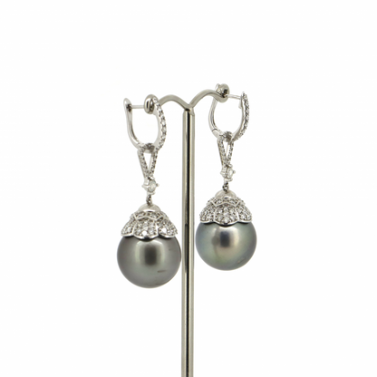 Black Cultured Tahitian Pearl and Diamond Drop Earrings