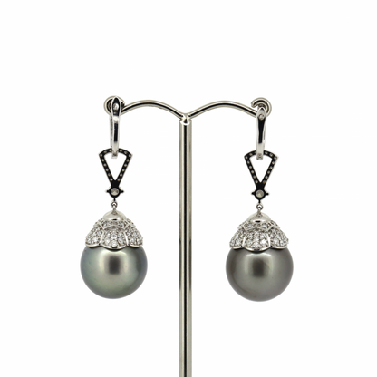 Black Cultured Tahitian Pearl and Diamond Drop Earrings