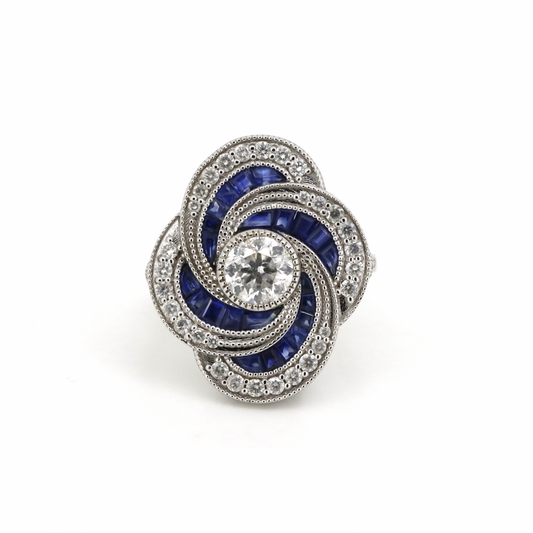 Blue Sapphire and Diamond Art Deco Inspired Cluster Ring