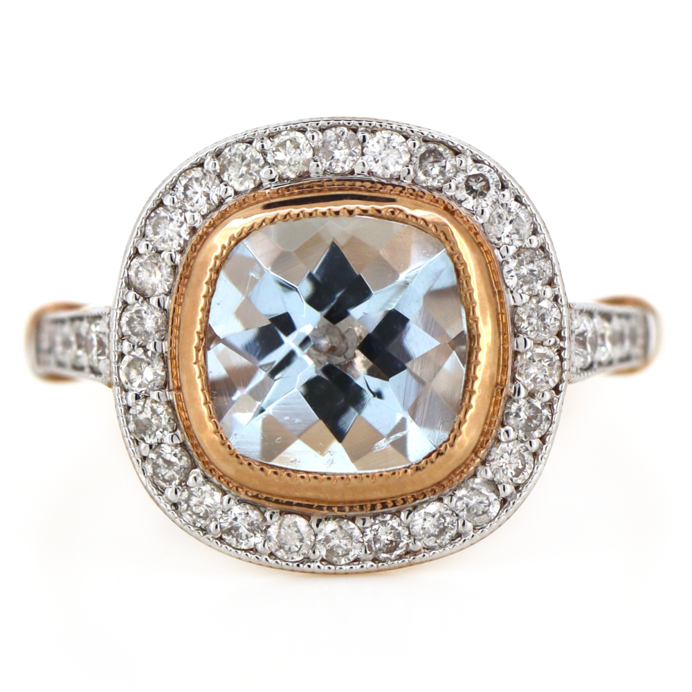 Rose Gold Aquamarine and Diamond Halo Ring